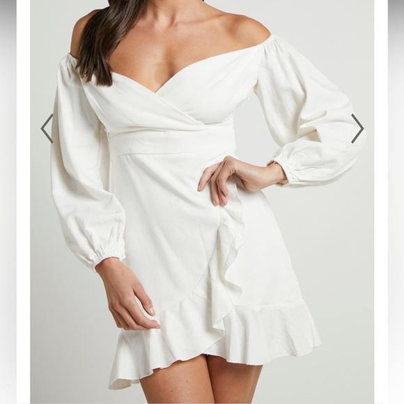 Showpo. Dresses & Skirts - EUC Showpo white Linen Blend Ruffle faux Wrap Dress sz8